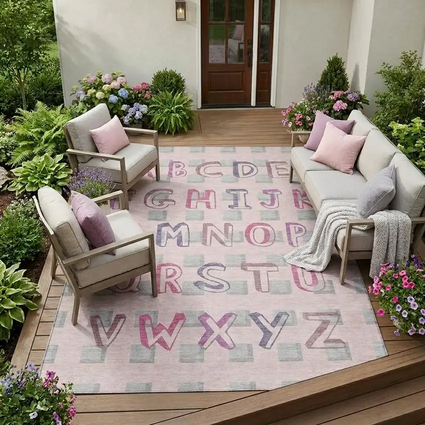 Pink And Linen Geometric Washable Indoor Outdoor Area Rug Photo 1