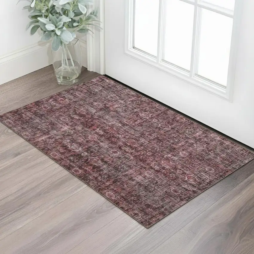 Pink And Mauve Damask Washable Area Rug With UV Protection Photo 2