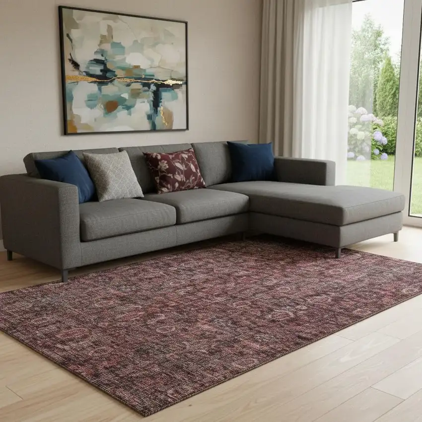 Pink And Mauve Damask Washable Area Rug With UV Protection Photo 2