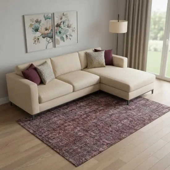 Pink And Mauve Damask Washable Area Rug With UV Protection Photo 2