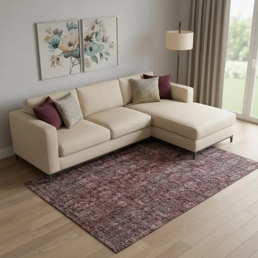 Pink And Mauve Damask Washable Area Rug With UV Protection Photo 2