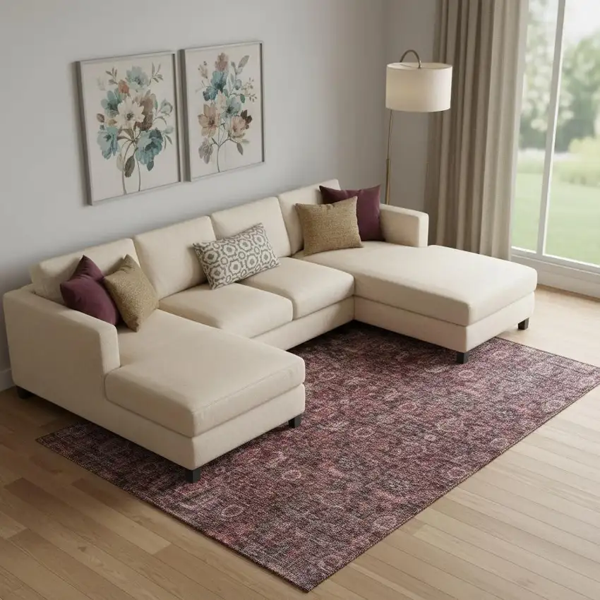 Pink And Mauve Damask Washable Area Rug With UV Protection Photo 2