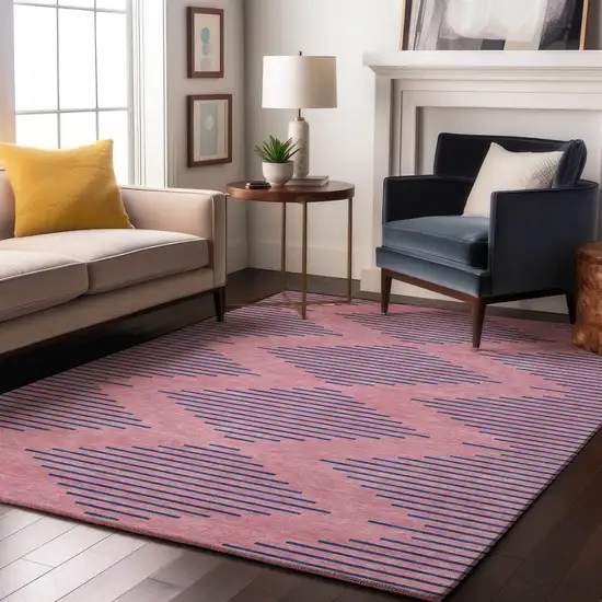 Pink And Navy Blue Geometric Washable Area Rug With UV Protection Photo 4