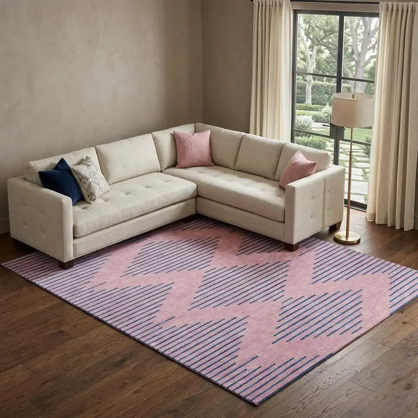 Pink And Navy Blue Geometric Washable Area Rug With UV Protection Photo 1