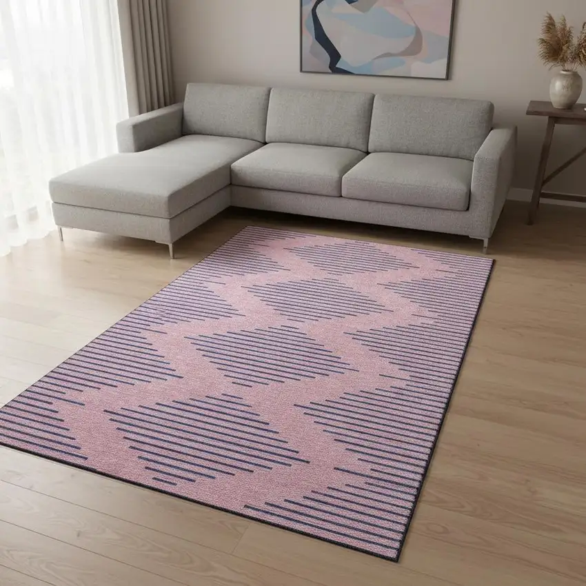 Pink And Navy Blue Geometric Washable Area Rug With UV Protection Photo 2