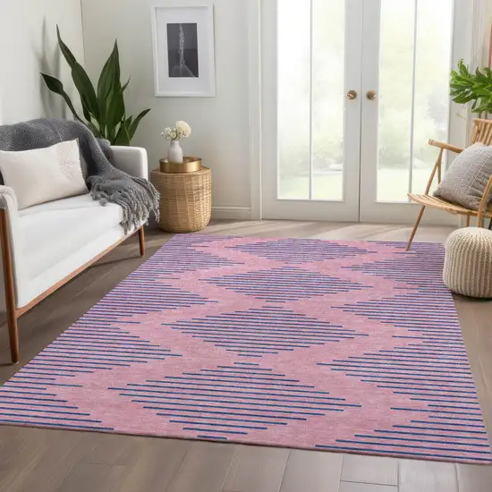 Pink And Navy Blue Geometric Washable Area Rug With UV Protection Photo 5