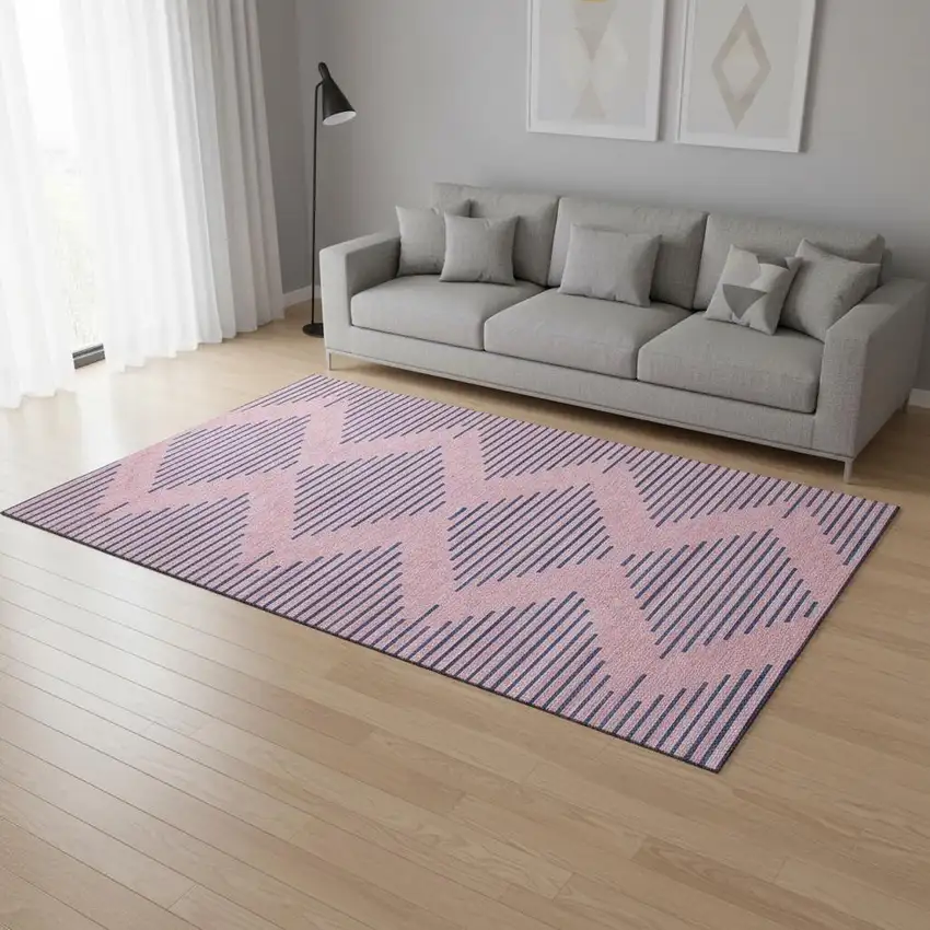Pink And Navy Blue Geometric Washable Area Rug With UV Protection Photo 2