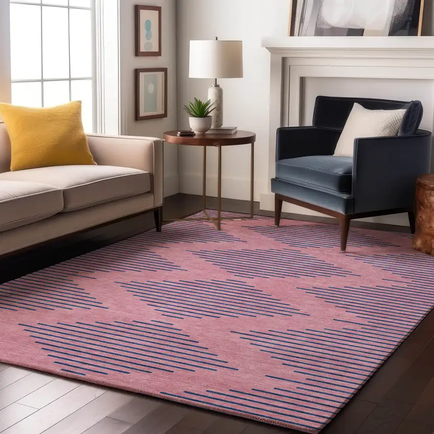 Pink And Navy Blue Geometric Washable Area Rug With UV Protection Photo 4