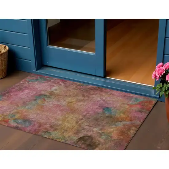 Pink And Orange Abstract Washable Indoor Outdoor Area Rug Photo 1
