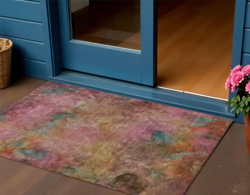 Pink And Orange Abstract Washable Indoor Outdoor Area Rug Photo 1