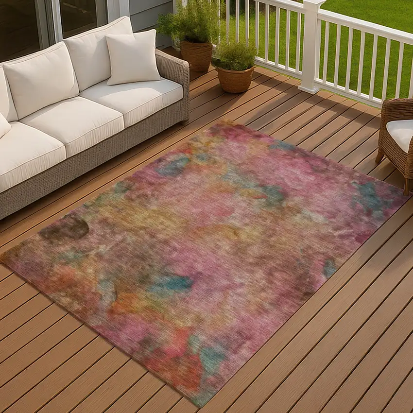 Pink And Orange Abstract Washable Indoor Outdoor Area Rug Photo 7