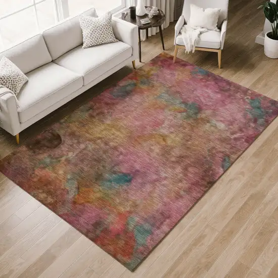 Pink And Orange Abstract Washable Indoor Outdoor Area Rug Photo 8