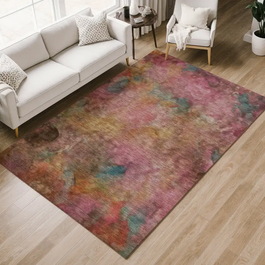 Pink And Orange Abstract Washable Indoor Outdoor Area Rug Photo 8