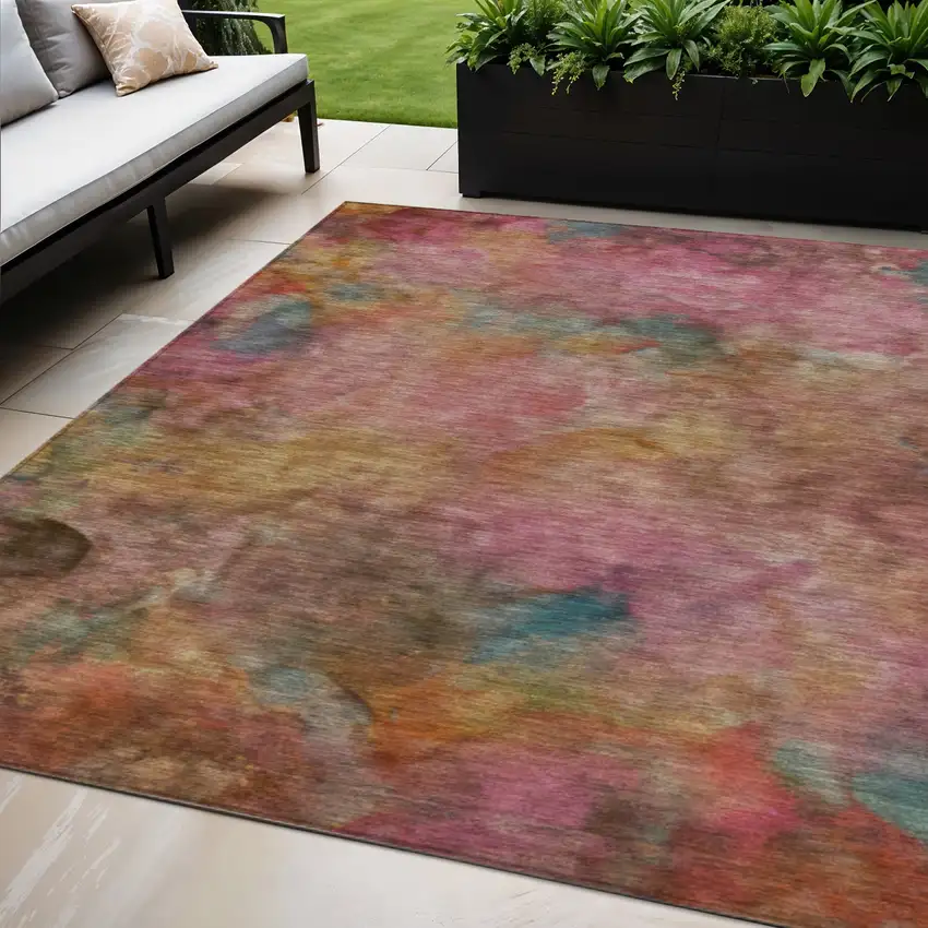 Pink And Orange Abstract Washable Indoor Outdoor Area Rug Photo 1
