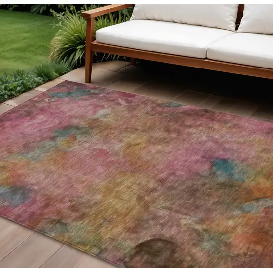 Pink And Orange Abstract Washable Indoor Outdoor Area Rug Photo 1