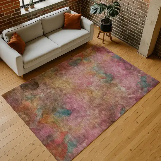 Pink And Orange Abstract Washable Indoor Outdoor Area Rug Photo 9