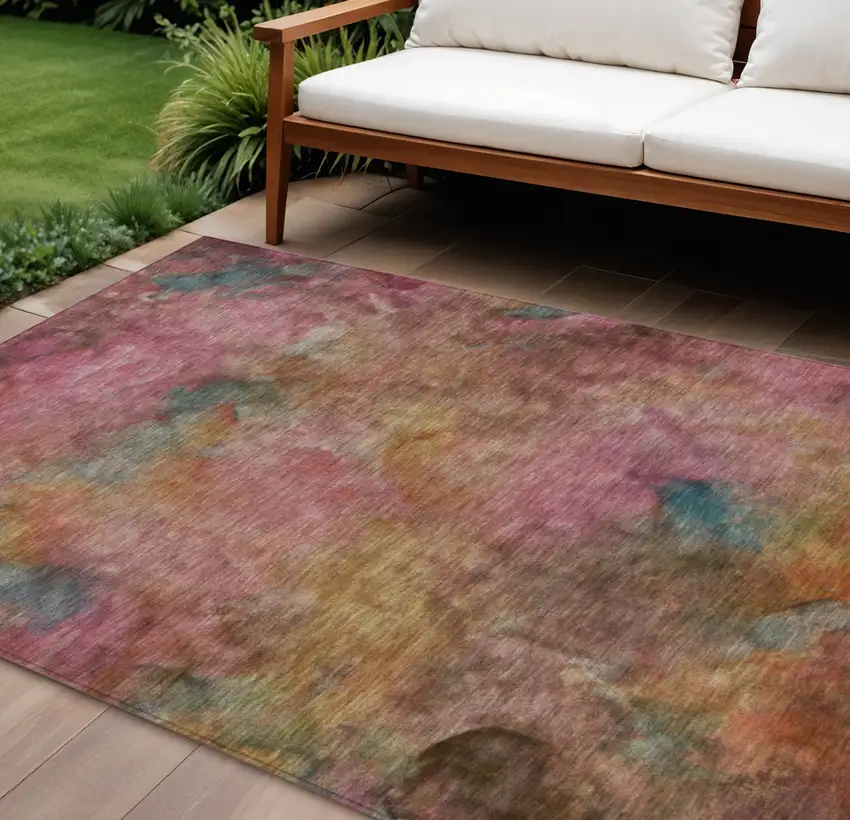 Pink And Orange Abstract Washable Indoor Outdoor Area Rug Photo 1
