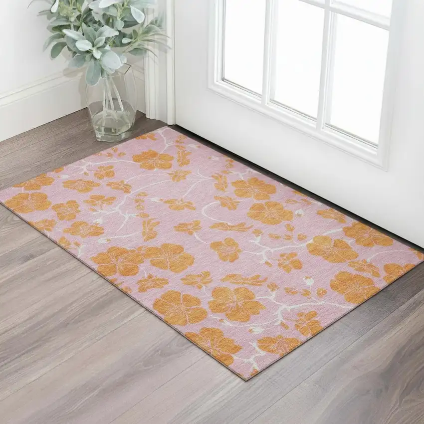 Pink And Orange Floral Washable Area Rug With UV Protection Photo 2