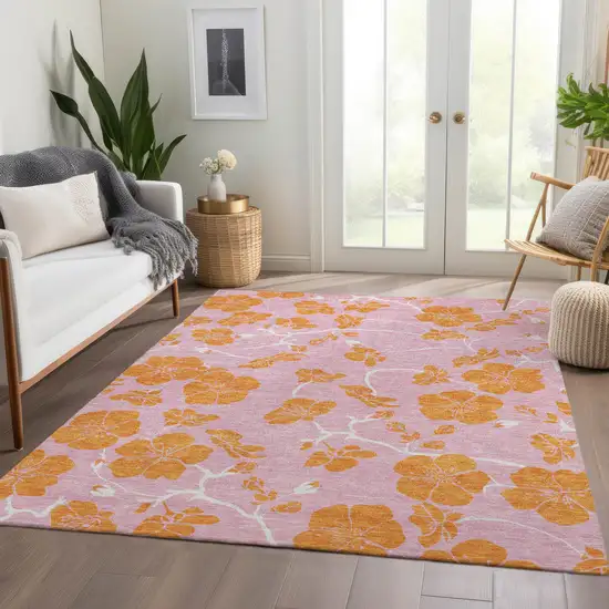 Pink And Orange Floral Washable Area Rug With UV Protection Photo 5