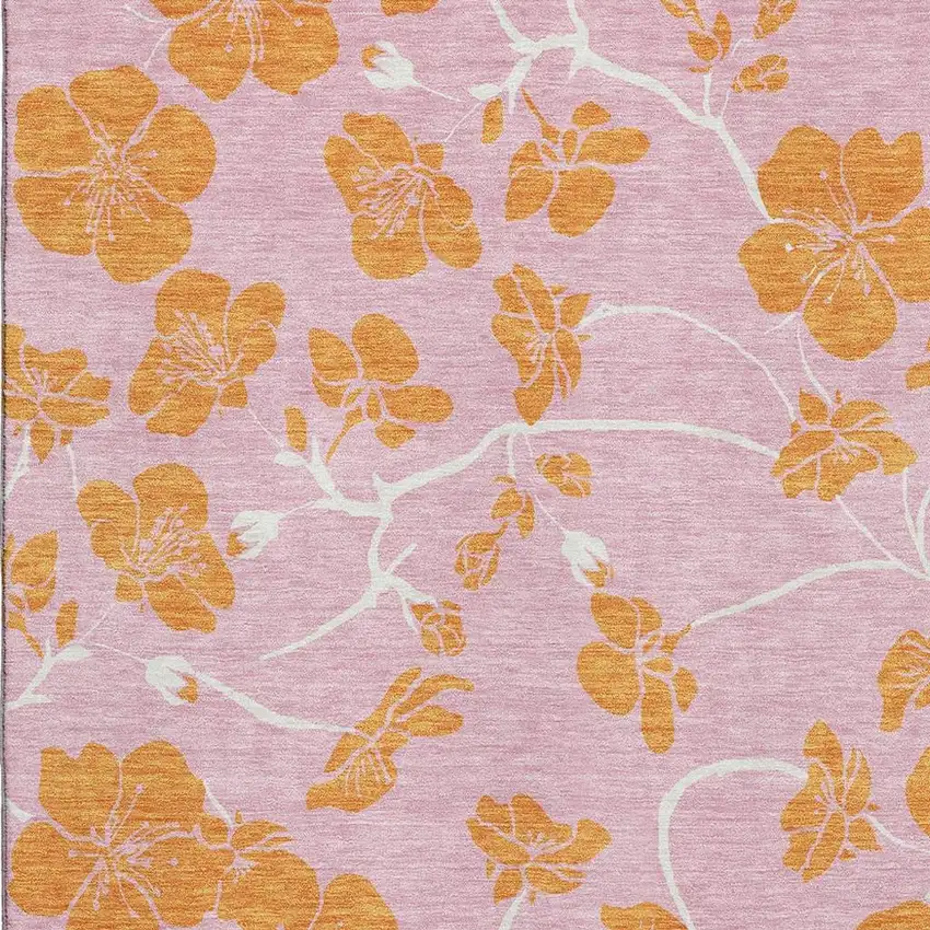 Pink And Orange Floral Washable Area Rug With UV Protection Photo 2