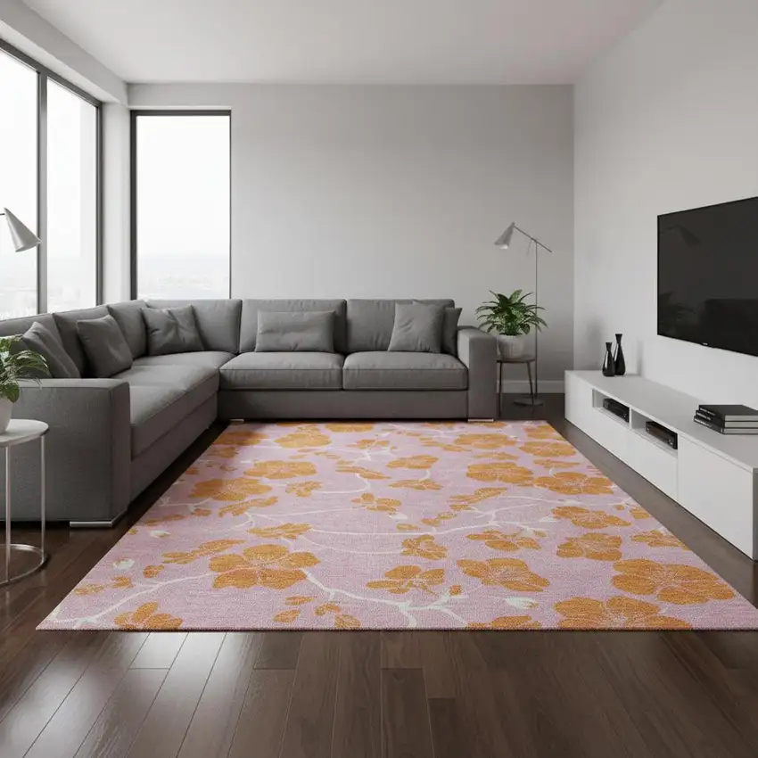 Pink And Orange Floral Washable Area Rug With UV Protection Photo 2