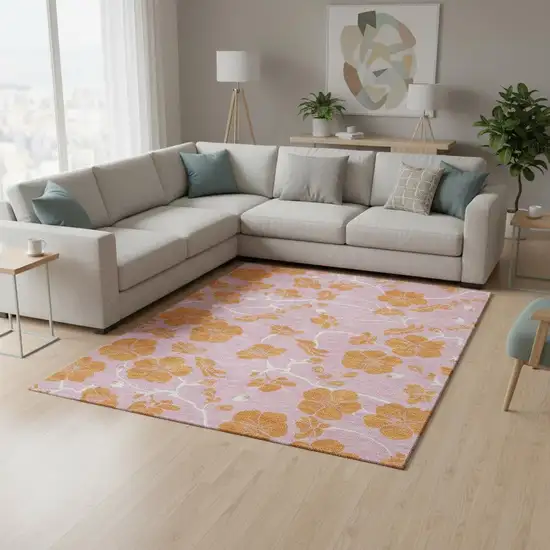 Pink And Orange Floral Washable Area Rug With UV Protection Photo 2