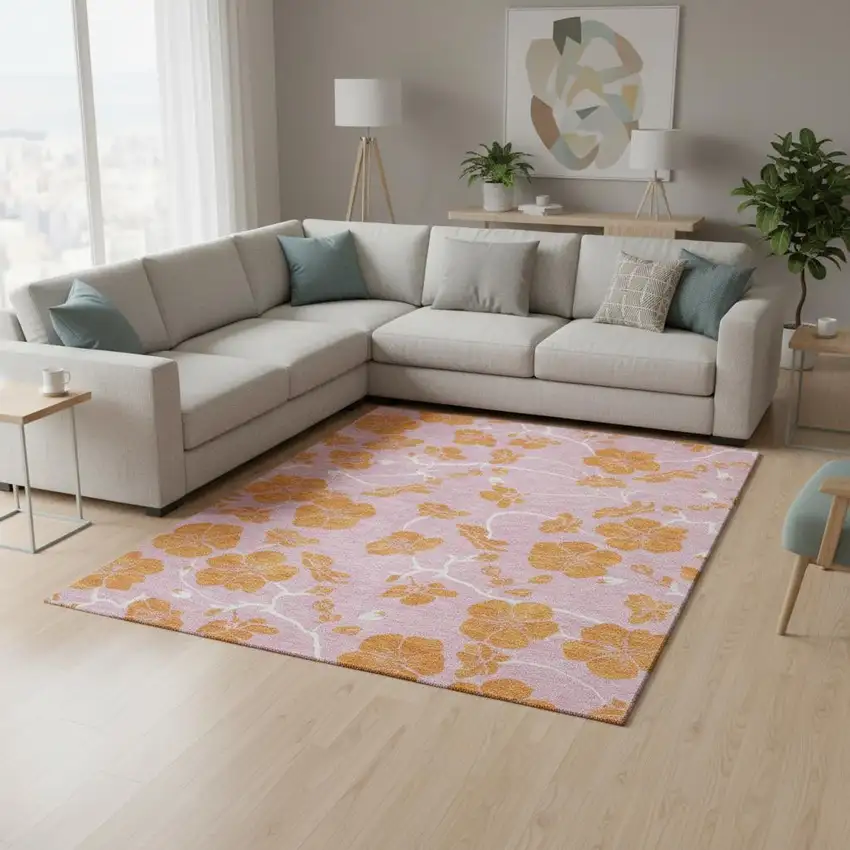 Pink And Orange Floral Washable Area Rug With UV Protection Photo 2