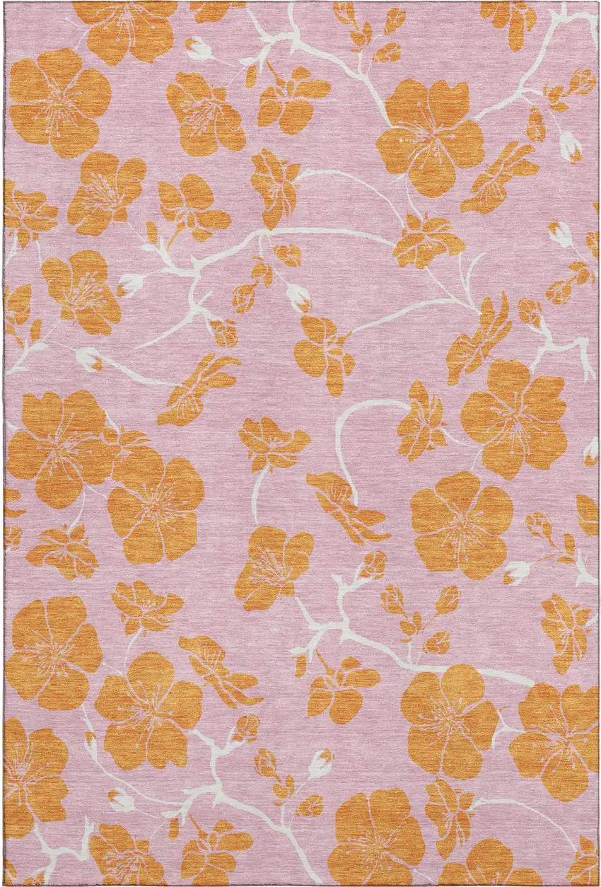 Pink And Orange Floral Washable Area Rug With UV Protection Photo 1