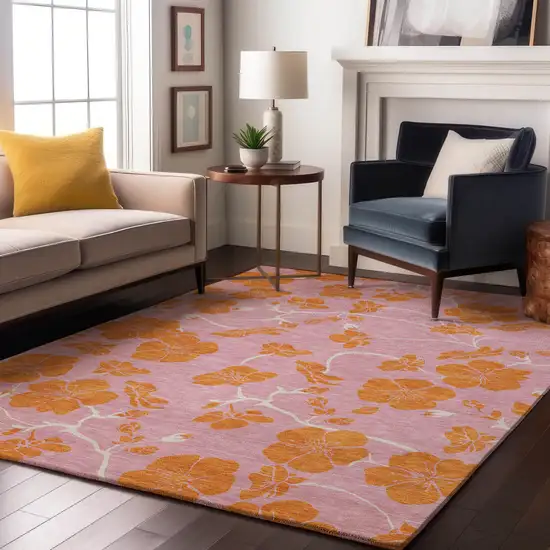 Pink And Orange Floral Washable Area Rug With UV Protection Photo 4