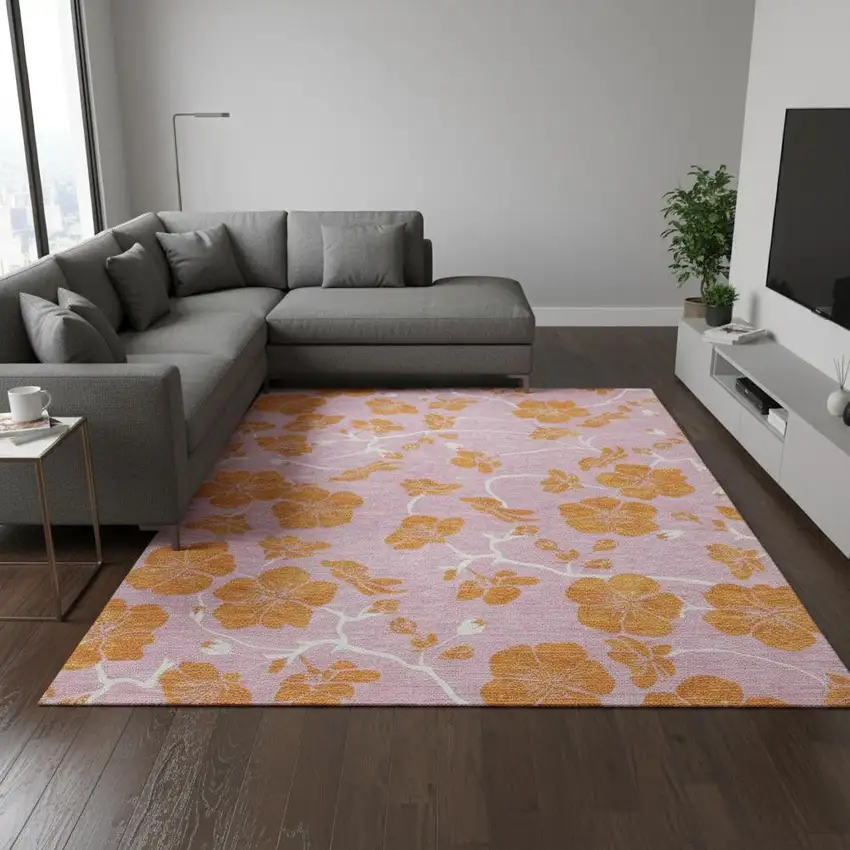 Pink And Orange Floral Washable Area Rug With UV Protection Photo 2