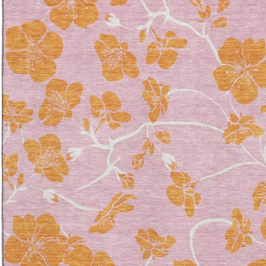 Pink And Orange Floral Washable Area Rug With UV Protection Photo 2