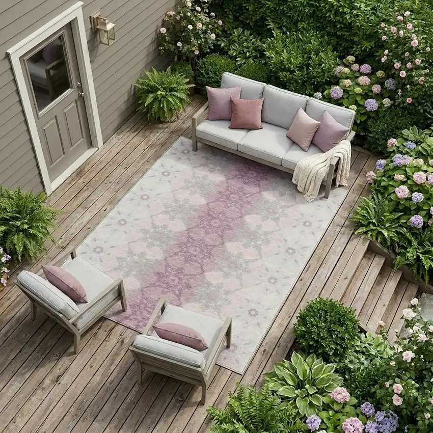 Pink And Pearl Floral Medallion Washable Indoor Outdoor Area Rug Photo 1