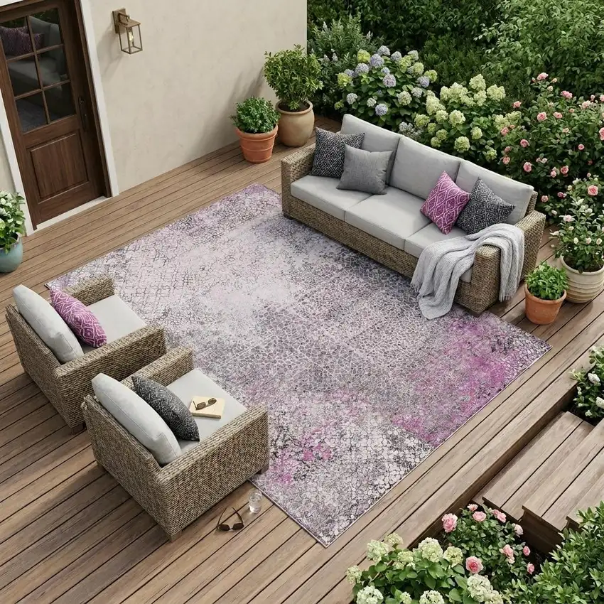 Pink And Pewter Abstract Washable Indoor Outdoor Area Rug Photo 1