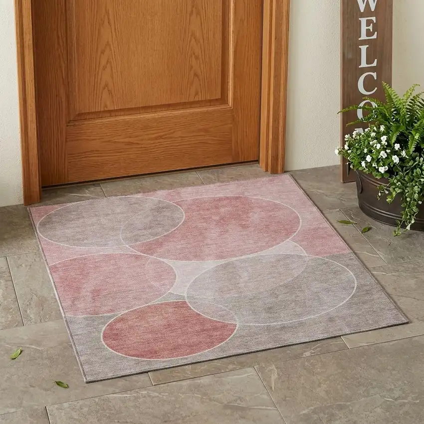Pink And Pewter Geometric Washable Indoor Outdoor Area Rug Photo 1