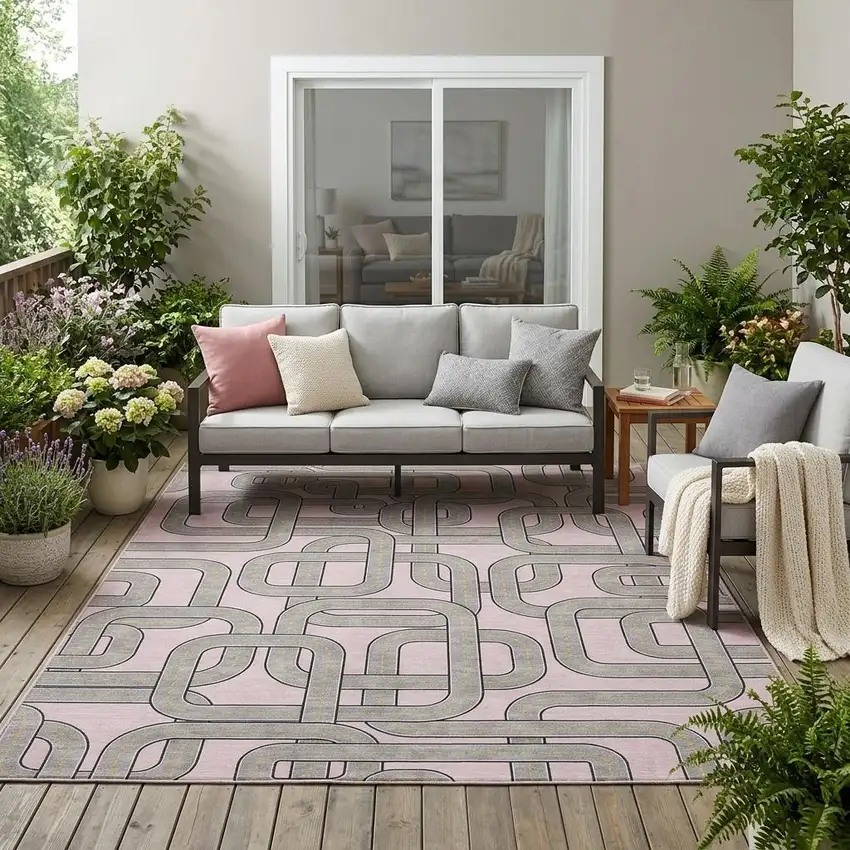 Pink And Pewter Geometric Washable Indoor Outdoor Area Rug Photo 1