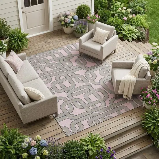 Pink And Pewter Geometric Washable Indoor Outdoor Area Rug Photo 1