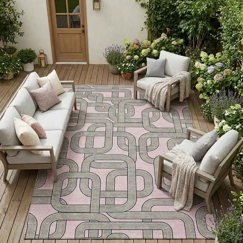 Pink And Pewter Geometric Washable Indoor Outdoor Area Rug Photo 1