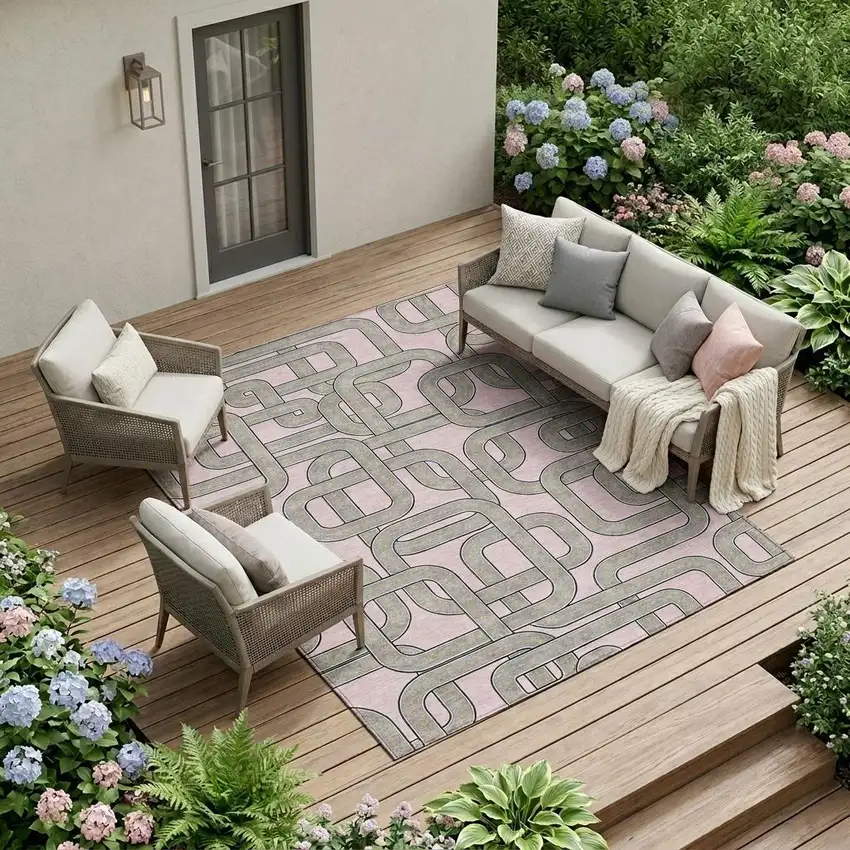 Pink And Pewter Geometric Washable Indoor Outdoor Area Rug Photo 1