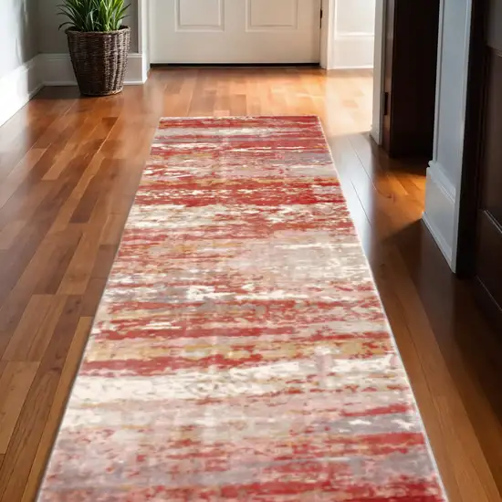 Pink And Red Abstract Hand Loomed Stain Resistant Runner Rug Photo 1