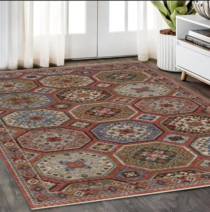 Pink And Red Medallion Area Rug With Fringe Photo 1