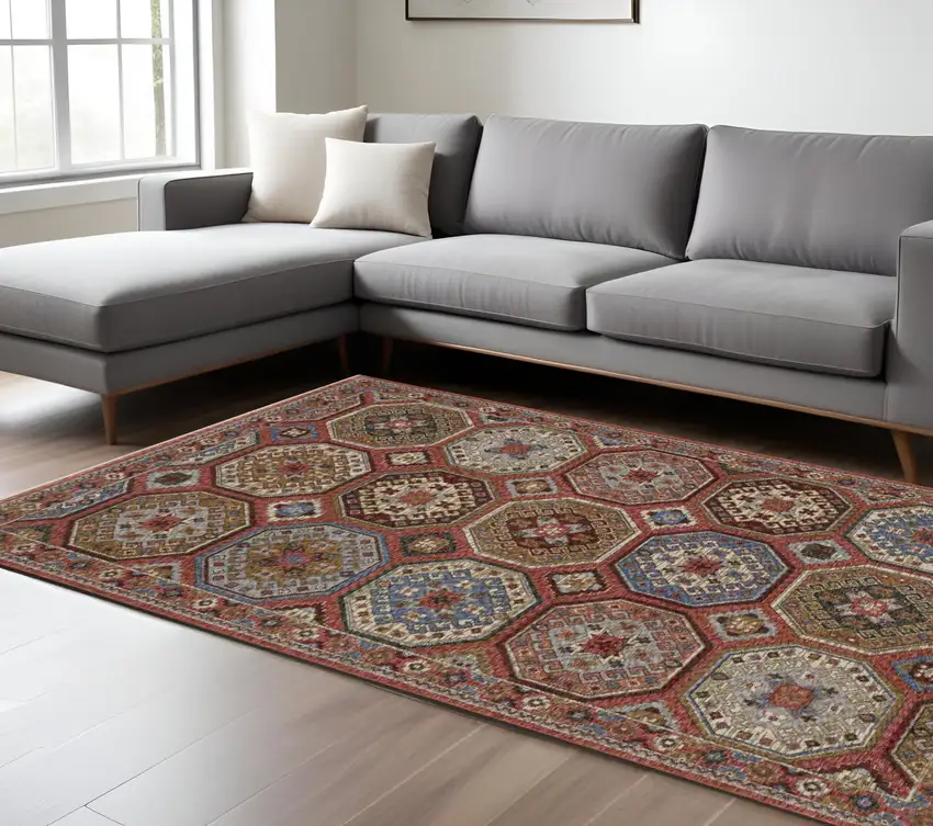 Pink And Red Medallion Area Rug With Fringe Photo 1