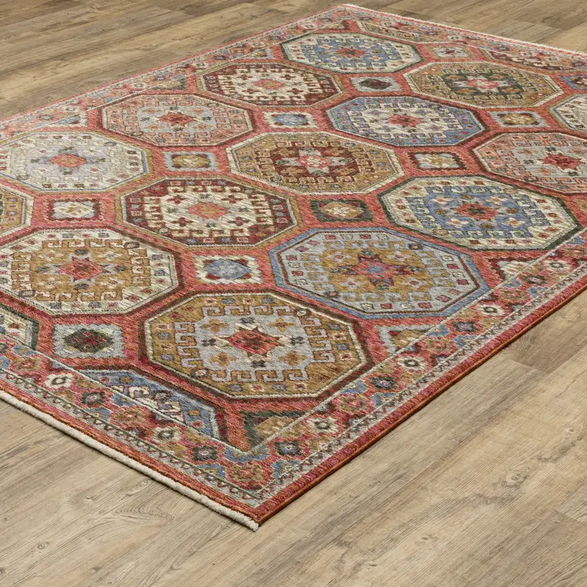 Pink And Red Medallion Area Rug With Fringe Photo 9