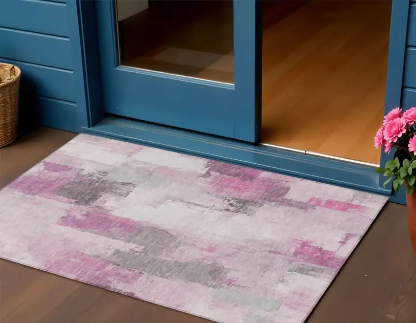 Pink And Silver Abstract Washable Indoor Outdoor Area Rug Photo 2