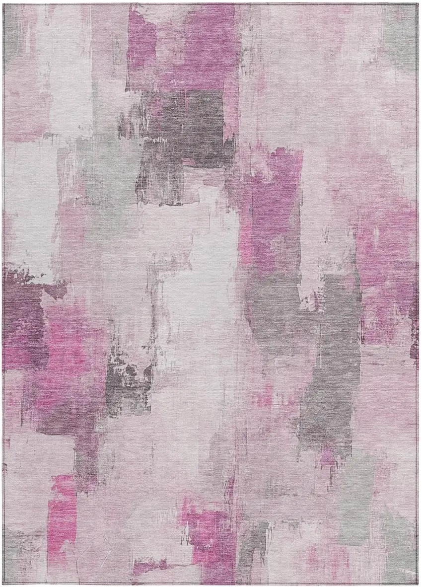 Pink And Silver Abstract Washable Indoor Outdoor Area Rug Photo 1