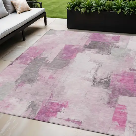 Pink And Silver Abstract Washable Indoor Outdoor Area Rug Photo 2