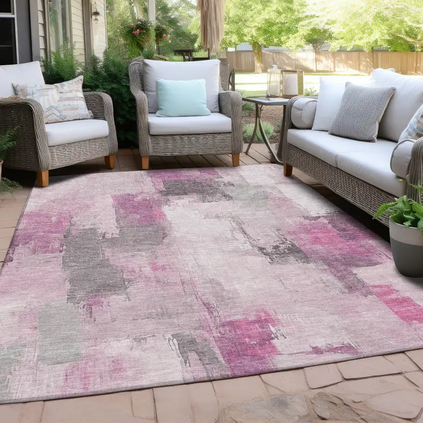 Pink And Silver Abstract Washable Indoor Outdoor Area Rug Photo 5
