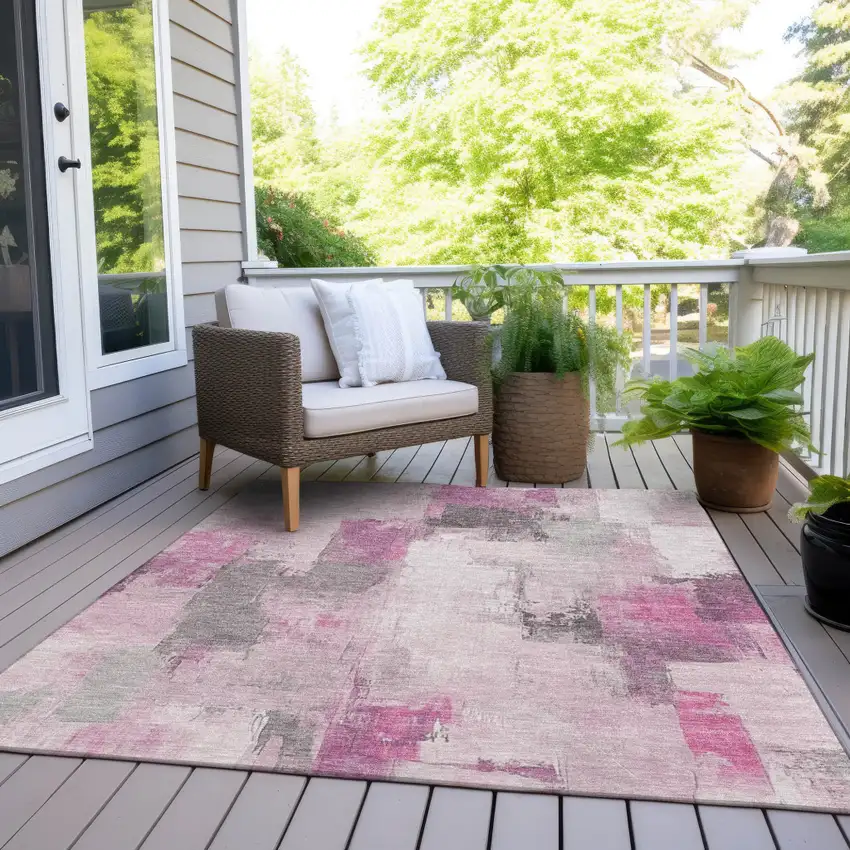Pink And Silver Abstract Washable Indoor Outdoor Area Rug Photo 8