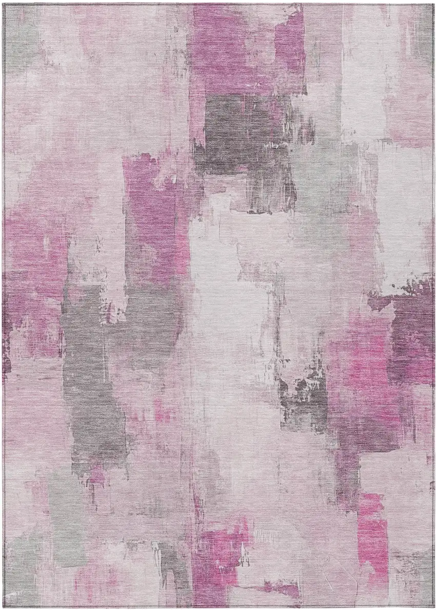 Pink And Silver Abstract Washable Indoor Outdoor Area Rug Photo 1