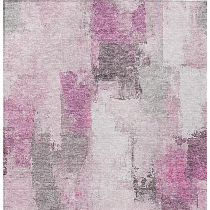Pink And Silver Abstract Washable Indoor Outdoor Area Rug Photo 4