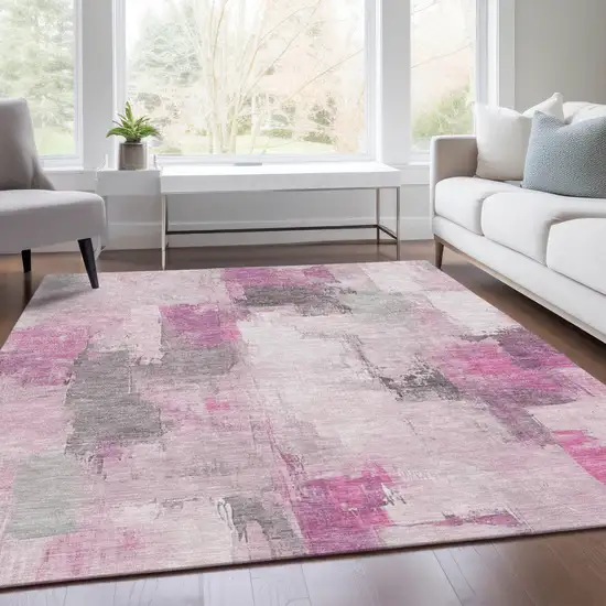 Pink And Silver Abstract Washable Indoor Outdoor Area Rug Photo 7